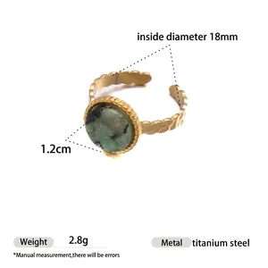 Golden titanium steel open ring with 1.2cm round natural green stone for women