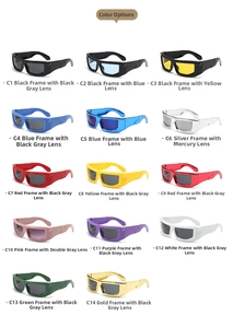 Matrix display of square punk hip hop sunglasses in 14 varied colors and finishes
