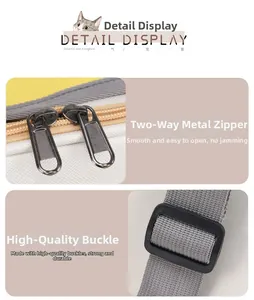 Detail of high-quality two-way metal zipper and plastic buckle on yellow pet carrier bag