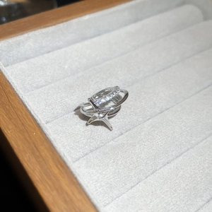 Detailed shot of silver star pendant ring with sparkling zircons in a jewelry box