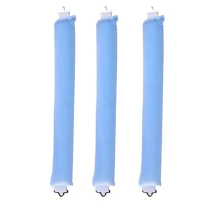 Detailed view of three blue heatless curling rods with elastic hooks for hair styling