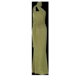 Detail of army green maxi dress with halter neckline and elegant pleated bodice design