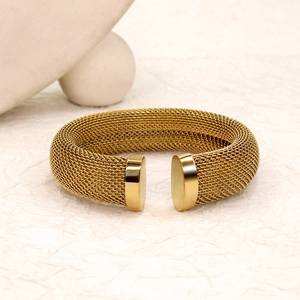 Minimalist 18K gold mesh open cuff bracelet in stainless steel with smooth end caps