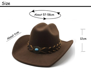Brown western cowboy hat with blue gemstone detail and dimension specifications