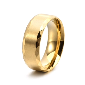 8mm gold brushed titanium steel ring with faceted beveled edges for men in a modern style