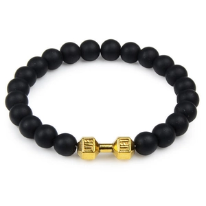 Volcanic lava rock bead bracelet with golden dumbbell charm for men and women