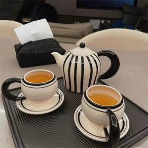 Ceramic Teapot Cups And Saucers Black White Stripes Retro Nordic Style Afternoon Tea Coffee Serving Ware