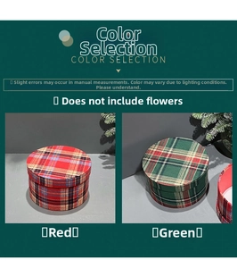 Close-up of classic red and green plaid round Christmas gift boxes with lids