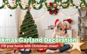 Close-up of green Christmas garland hanging on ceiling for festive holiday home decor