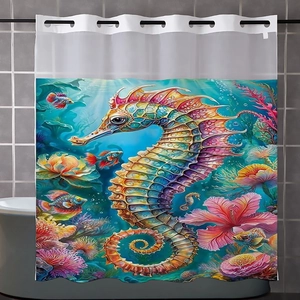 Detail of waffle weave shower curtain featuring colorful seahorse and coral reef pattern