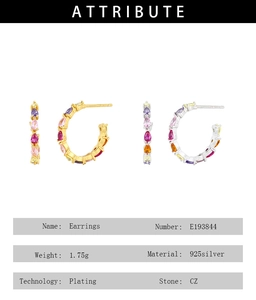 Detailed attribute chart for 925 silver C-shape earrings with colorful pear-cut CZ stones