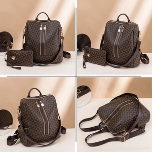 Brown quilted pattern fashion backpack set for women with golden hardware details