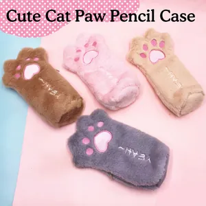 Plush cat paw pencil case in four colors with soft fur and embroidered details
