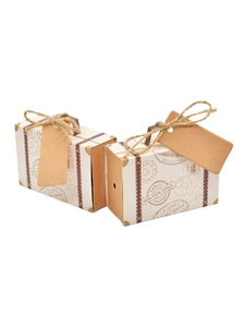 Detail of vintage mini suitcase favor boxes with twine rope and kraft paper tags