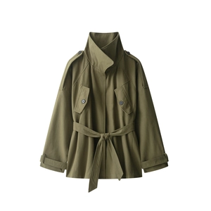 Women Army Green Cotton Twill Trench Coat With Waist Belt Stand Collar Zipper Short Utility Jacket Fashion