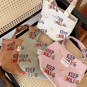 Women Corduroy Handbag Casual Tote Bag With Keep Smiling Print Portable Lunch Bag With Magnetic Buckle