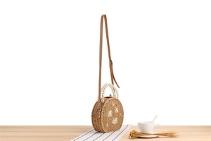 Détail du sac rond en paille brodé de fleurs avec une poignée élégante en perles