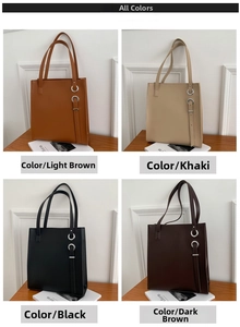 Detailed comparison of minimalist leather tote bags in tan, khaki, black, and coffee brown