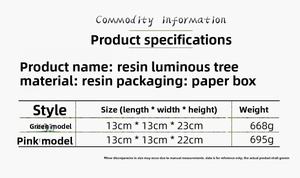 Detailed size and material chart for resin musical Christmas tree ornaments in pink and green