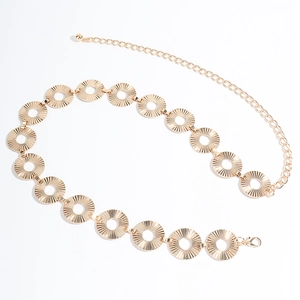 Elegant gold round chain belt for women featuring radiant textured metal discs and lobster clasp