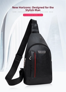 Detail of black pebbled PU leather chest bag with signature red stripe and metal logo