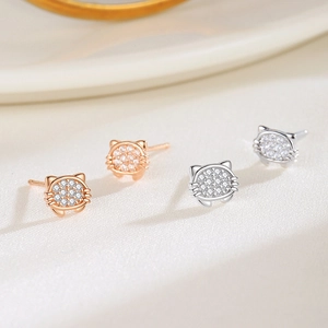 Elegant s925 silver cat stud earrings with white zircon inlay in silver and rose gold