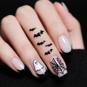 Halloween Ongles À Presser Courts Carrés ABS French Spider Web Fantôme Noir Rose Paillettes Faux Ongles