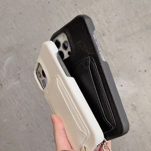 Litchi pattern leather phone case with card slot and gold lanyard for iPhone