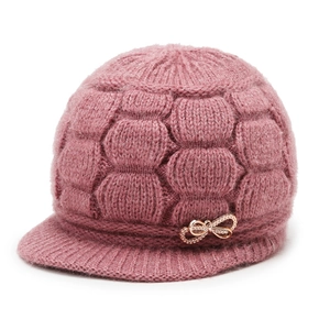 Winter knit newsboy hat for women with thick fleece lining and golden bow detail