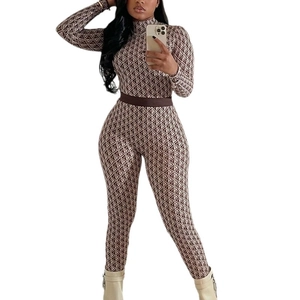 Women's long sleeve jumpsuit with brown geometric diamond pattern and waist belt
