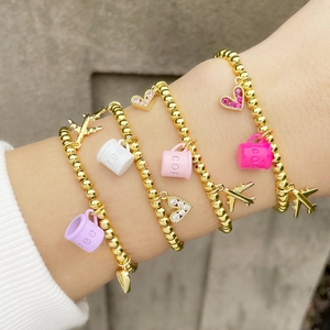 Beaded Charm Armband Kupfer Vergoldet Damen Mode Schmuck Herz Zirkon Emaille Kaffeetasse Flugzeug Anhänger