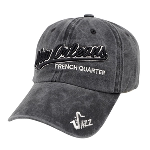 Vintage dark grey washed cotton baseball cap with New Orleans 3D embroidery for outdoor use