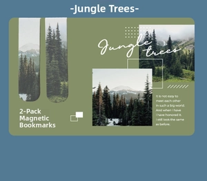 Detail of forest green magnetic bookmarks featuring snowy mountain and jungle tree patterns