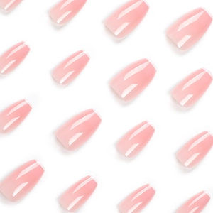Pink ombre long coffin press on nails with elegant white french tips and glossy finish