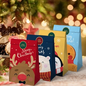 Christmas Gift Bags Paper Cartoon Santa Snowman Patterns Round Stickers Holiday Candy Treat Packaging Assorted Designs