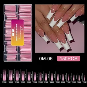 Size chart showing 15 dimensions for 150pcs pink crystal nail extension mold set