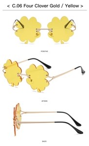 Three views of yellow clover sunglasses showing front, 45-degree side, and back metal frames