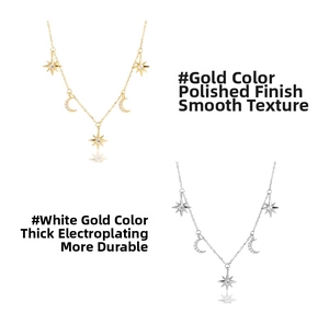 Detailed macro view of 925 sterling silver star and moon necklaces in gold and white gold