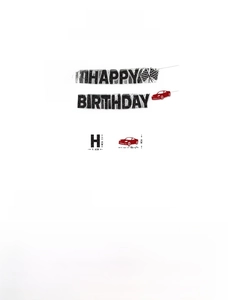 Size chart for car theme happy birthday banner with red racing car and glitter letters