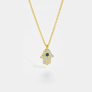 Elegant gold S925 silver Hamsa Hand necklace with blue zircon eye and white crystals