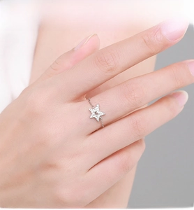 Macro detail of S925 sterling silver star ring with shimmering micro-pave zircon stones