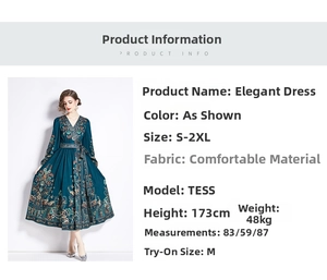 Size chart for V-neck ethnic long-sleeved dress with model measurements and fabric info