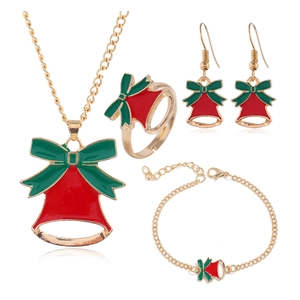 Detail view of a 4-piece gold Christmas jewelry set featuring red and green enamel bells