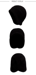 Detailed views of the black fleece winter hat with ear flaps for cycling and skiing