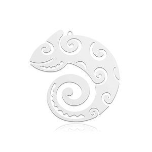 Detail shot of a hollowed spiral pattern chameleon charm in silver stainless steel