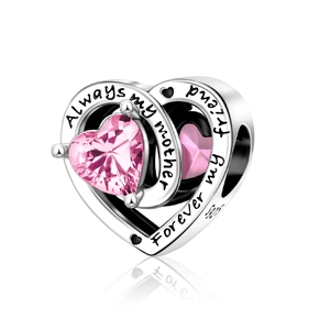 Silver heart charm with pink zircon and 'Always my mother' engraving on white background