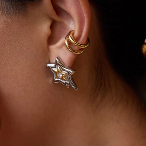 Chic gold-tone ear cuff and mixed-metal star stud earring set with zircon crystal