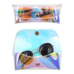 Detail of holographic PVC sunglasses case with metal snap closure and transparent finish