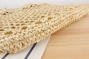 Close-up of beige woven paper rope bag showing intricate hollow mesh texture detail