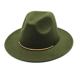 Vintage dark olive wool fedora hat with black band and gold buckle on white background